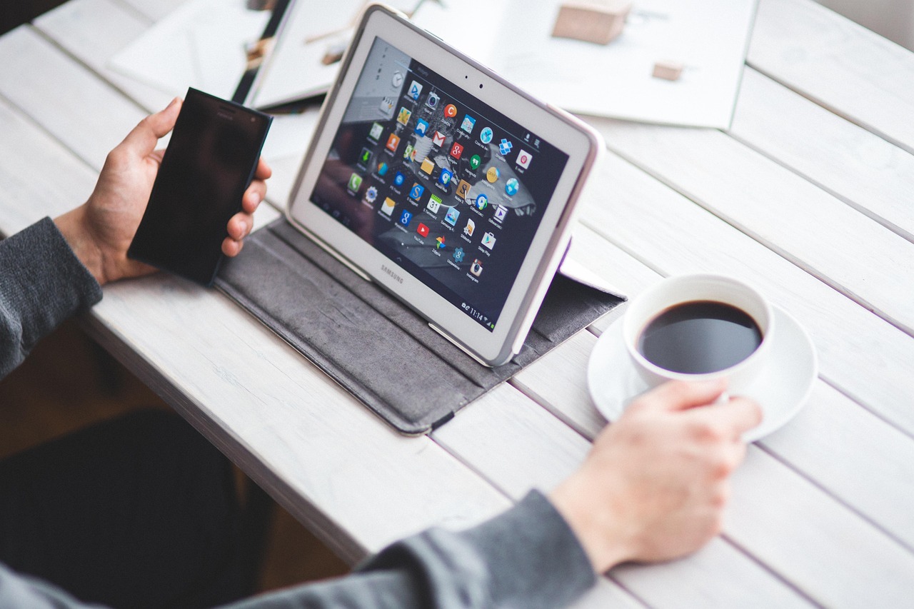 technology, digital, digital tablet, device, mobile, phone, cell, smartphone, coffee, drink, drinking, man, boy, male, work, working, android, white, android, android, android, android, android